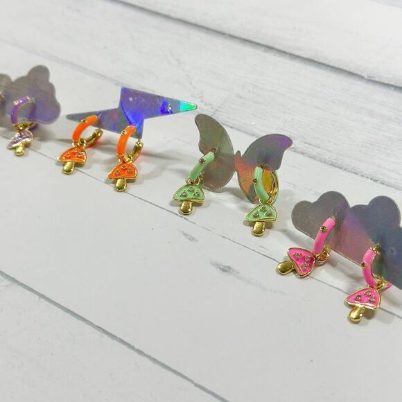 Gold Plated Rainbow Colored Enamel Mushroom Capped Huggie Hoop Festival Earrings - Picture 10 of 13